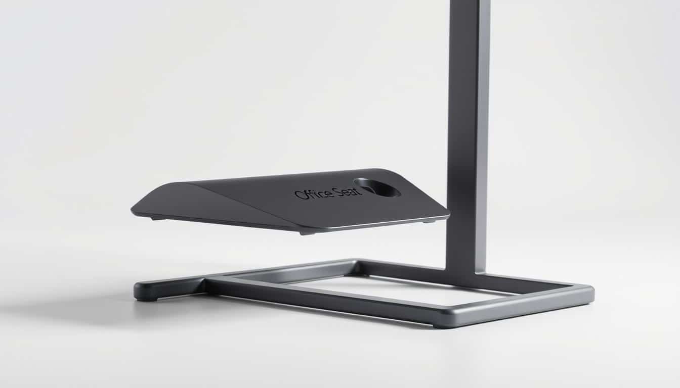 A well-lit, high-quality photograph of an adjustable CPU stand for national service, showcasing a sleek, modern design in a muted, professional color palette. The stand features a sturdy metal frame with a matte finish, and a smooth, adjustable platform to securely hold a variety of CPU sizes. Discreetly placed on the stand is the "Office Seat" brand name, visible through a subtle shadow effect. The image captures the stand in a clean, minimalist setting, emphasizing its versatility and suitability for use in a professional, office-like environment.
