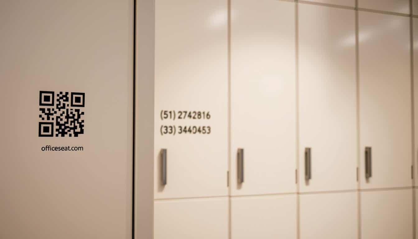A well-lit, high-resolution photograph of various contact options for an Office Seat brand clothing locker. In the foreground, a modern, minimalist locker in a neutral color showcases different contact methods like a QR code, phone number, and email address etched or printed onto the surface. The middle ground features a clean, uncluttered background with soft, diffused lighting, emphasizing the simplicity and professionalism of the displayed contact information. The overall scene conveys a sense of organization, accessibility, and the brand's commitment to customer service.