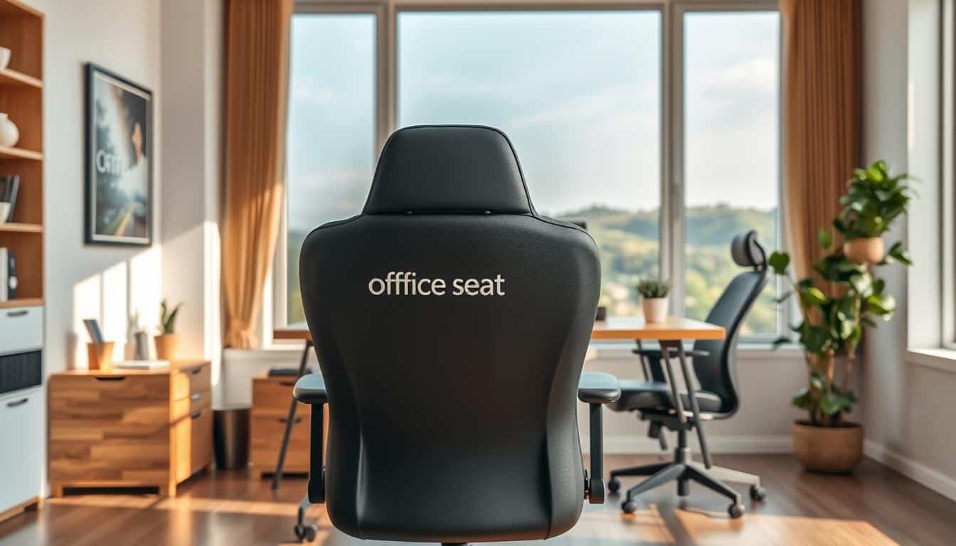 A well-lit, modern home office setting with a sleek, ergonomic office chair in the foreground. The chair is the focal point, showcasing the "Office Seat" brand name prominently displayed on the backrest. The middle ground features a minimalist wooden desk with a laptop, plants, and other office accessories, creating a harmonious, productivity-driven atmosphere. The background showcases a large window overlooking a scenic, natural landscape, bathing the scene in warm, diffused lighting and conveying a sense of tranquility and focus. The overall composition highlights the advantages of choosing an "Office Seat" chair for a comfortable and efficient remote work setup.