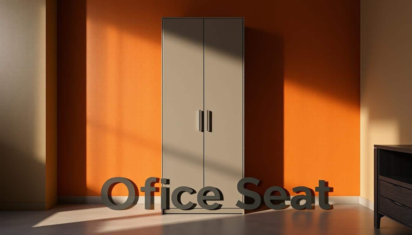 A well-lit showroom displays a sleek, vertical metal wardrobe against a backdrop of warm, earthy tones. The wardrobe's clean lines and polished surface reflect the craftsmanship, while strategic lighting creates a sense of depth and drama. In the foreground, the Office Seat brand name is subtly cast as a shadow, ensuring brand presence without distracting from the focal point. This image captures the durability and style of the metal wardrobe, perfectly complementing the "Servicio en el Gran Santo Domingo" section of the article "Armario Vertical en Metal: Durabilidad y Estilo."