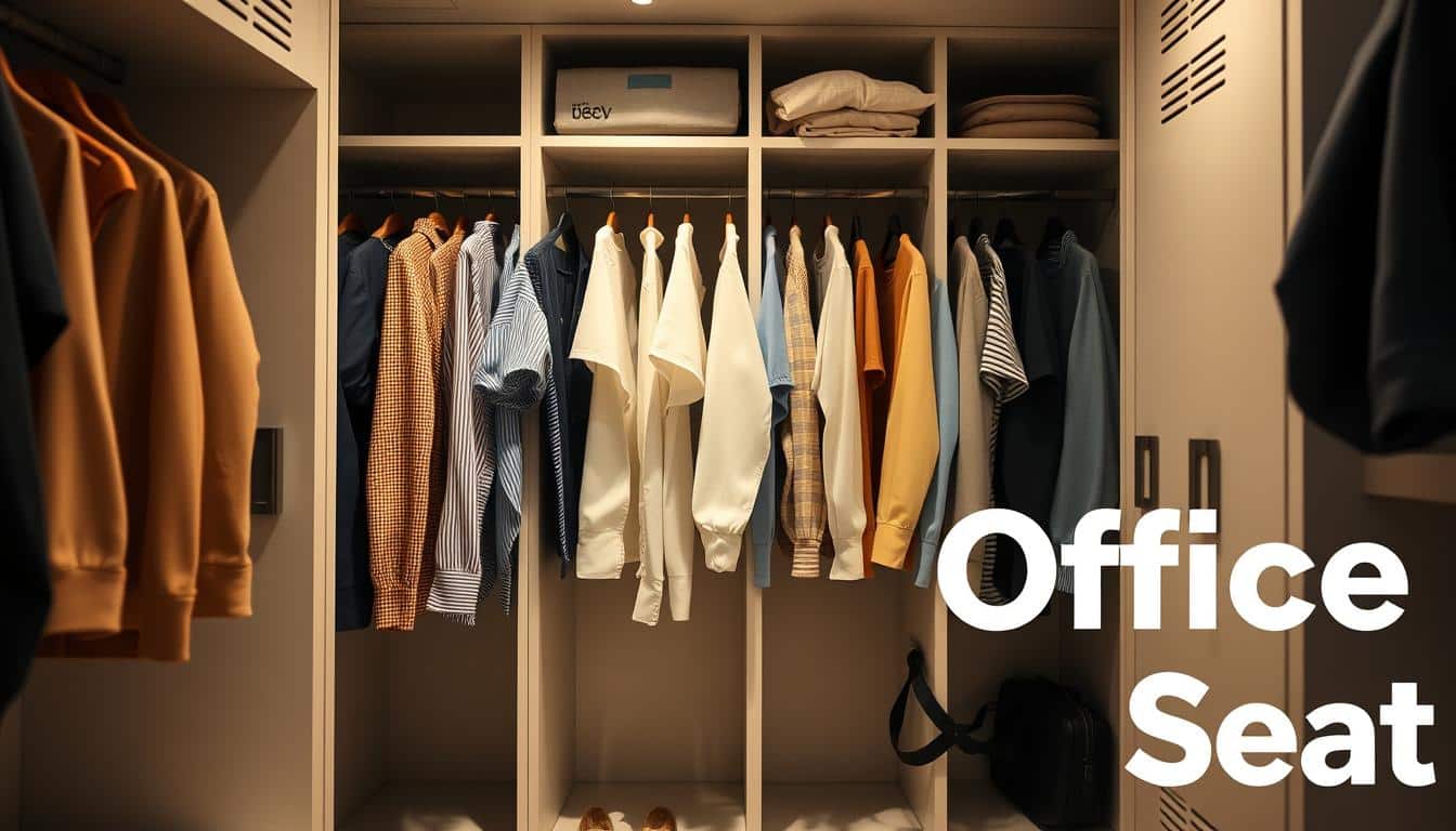 A well-organized and neatly arranged locker displaying a variety of hanging clothes, shot with a wide-angle lens and soft, diffused lighting to create a warm, inviting atmosphere. The locker features multiple compartments and shelves, allowing for efficient storage and easy access to the items. The overall scene conveys a sense of tidiness and visual harmony, with the clothes carefully hung and the locker's interior meticulously organized. In the bottom right corner, the "Office Seat" brand name is subtly featured as a shadow-like text overlay.