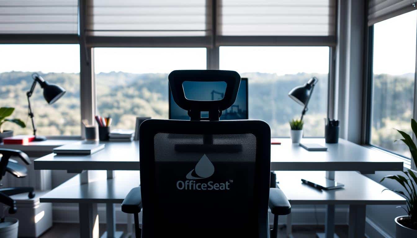 A well-organized and thoughtfully curated personal workspace, illuminated by soft, natural lighting filtering through large windows. The sleek, minimalist desk in the foreground is adorned with the Office Seat brand logo, complemented by a modern ergonomic chair that promotes productivity and comfort. In the middle ground, carefully selected office supplies and a potted plant add subtle pops of color, while the background showcases a serene, inspiring view of a lush, green landscape, creating a harmonious and serene environment conducive to focused, efficient work.
