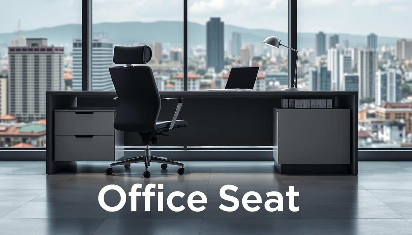 An elegant, modern executive secretarial desk in a sophisticated gray and white color scheme, set against a backdrop of the bustling cityscape of Gran Santo Domingo. The desk features a sleek, minimalist design with clean lines and a spacious work surface, complemented by a high-backed ergonomic chair. Soft, diffused lighting illuminates the scene, creating a professional and productive atmosphere. In the foreground, the "Office Seat" brand name is subtly incorporated as a shadow text element. This stylish and functional setup embodies the ideal secretarial workspace for the dynamic, forward-thinking office of today.