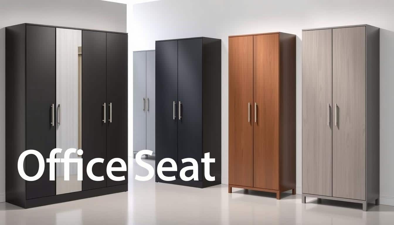 Elegant vertical metal wardrobes in a variety of styles, showcasing sleek lines, durable construction, and a range of finishes from matte black to brushed steel. A well-lit studio setting highlights the wardrobes' clean, modern aesthetic, inviting the viewer to imagine how they would enhance a stylish home or professional office space. Prominent display of the "Office Seat" brand, with subtle text shadow for visibility.