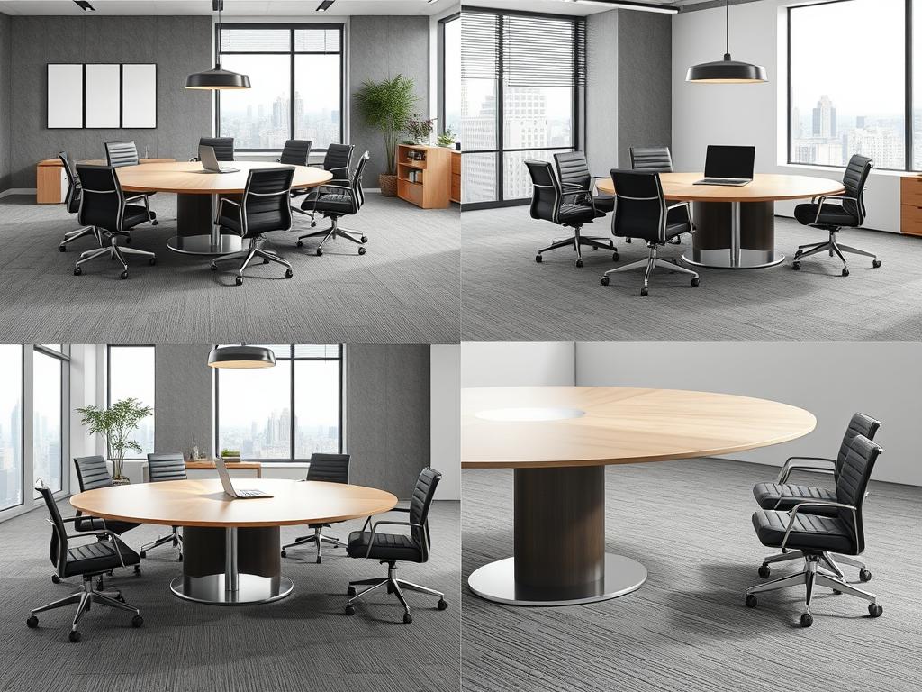Mesa de conferencia redonda en diferentes configuraciones de oficina