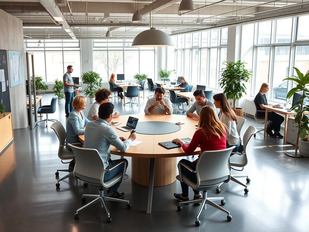 Mesa de conferencia redonda en espacio colaborativo moderno