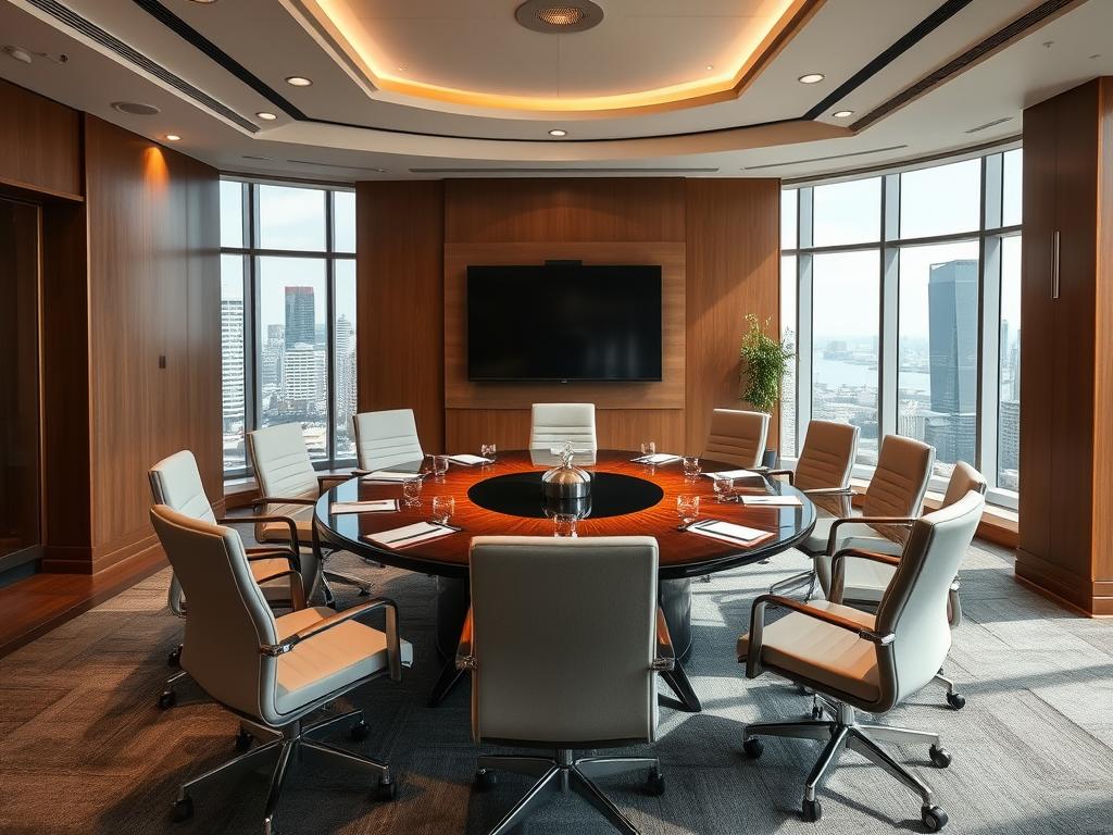Mesa de conferencia redonda en sala de juntas ejecutiva