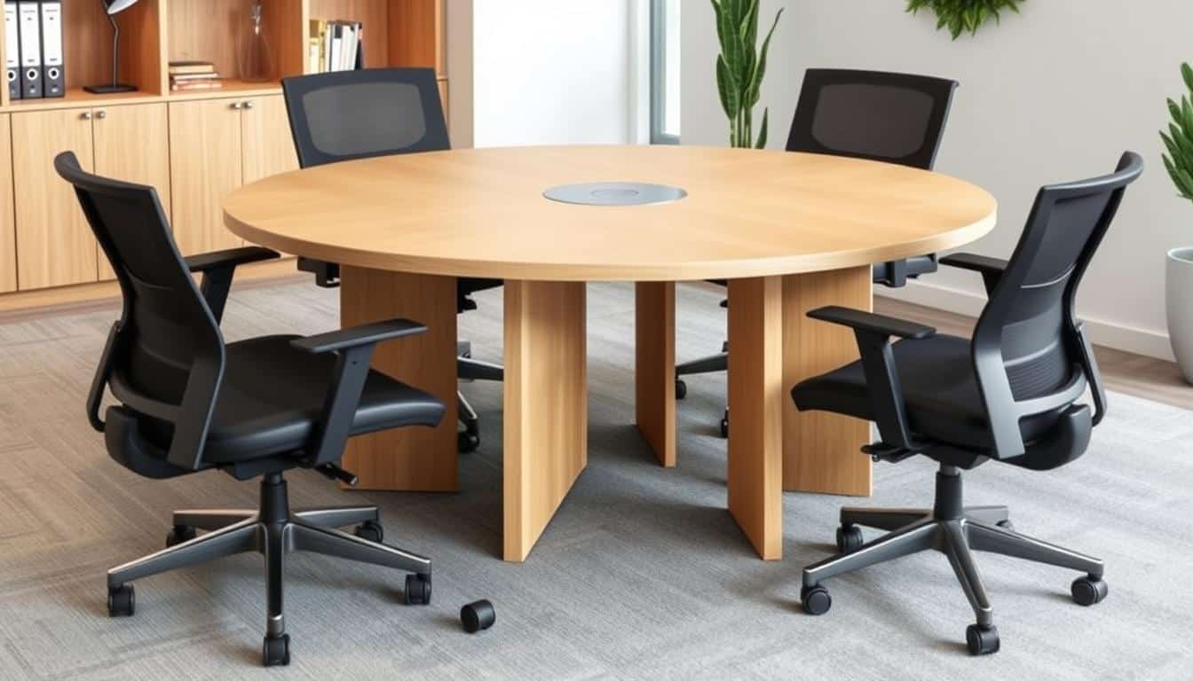 Mesa de conferencia redonda para 4 personas en madera haya