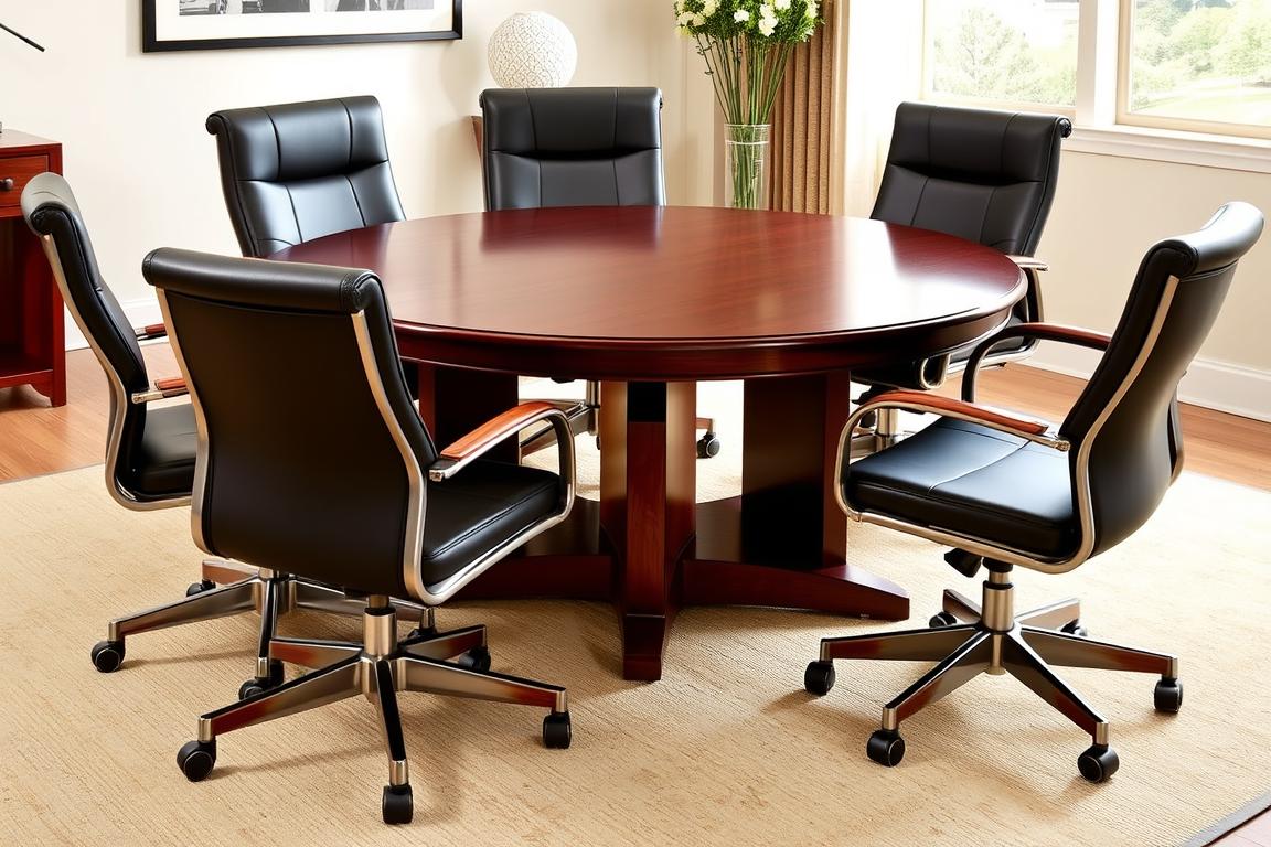 Mesa de conferencia redonda para 6 personas en madera cerezo