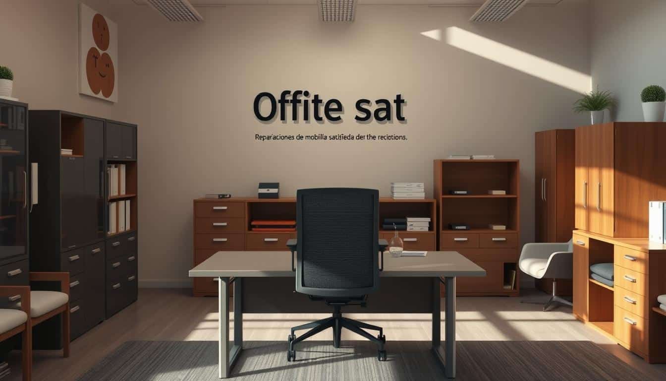 Office interior with well-maintained furniture in a warm, inviting atmosphere. A large desk with a modern office chair takes center stage, surrounded by neatly arranged filing cabinets and shelving units. The lighting is soft and natural, casting a cozy glow on the scene. In the background, a wall-mounted display showcases the "Office Seat" brand name, reflecting its commitment to quality and customer satisfaction. The overall impression is one of professionalism, organization, and attention to detail - a perfect representation of the "Reparaciones de mobiliarios" section of the article.