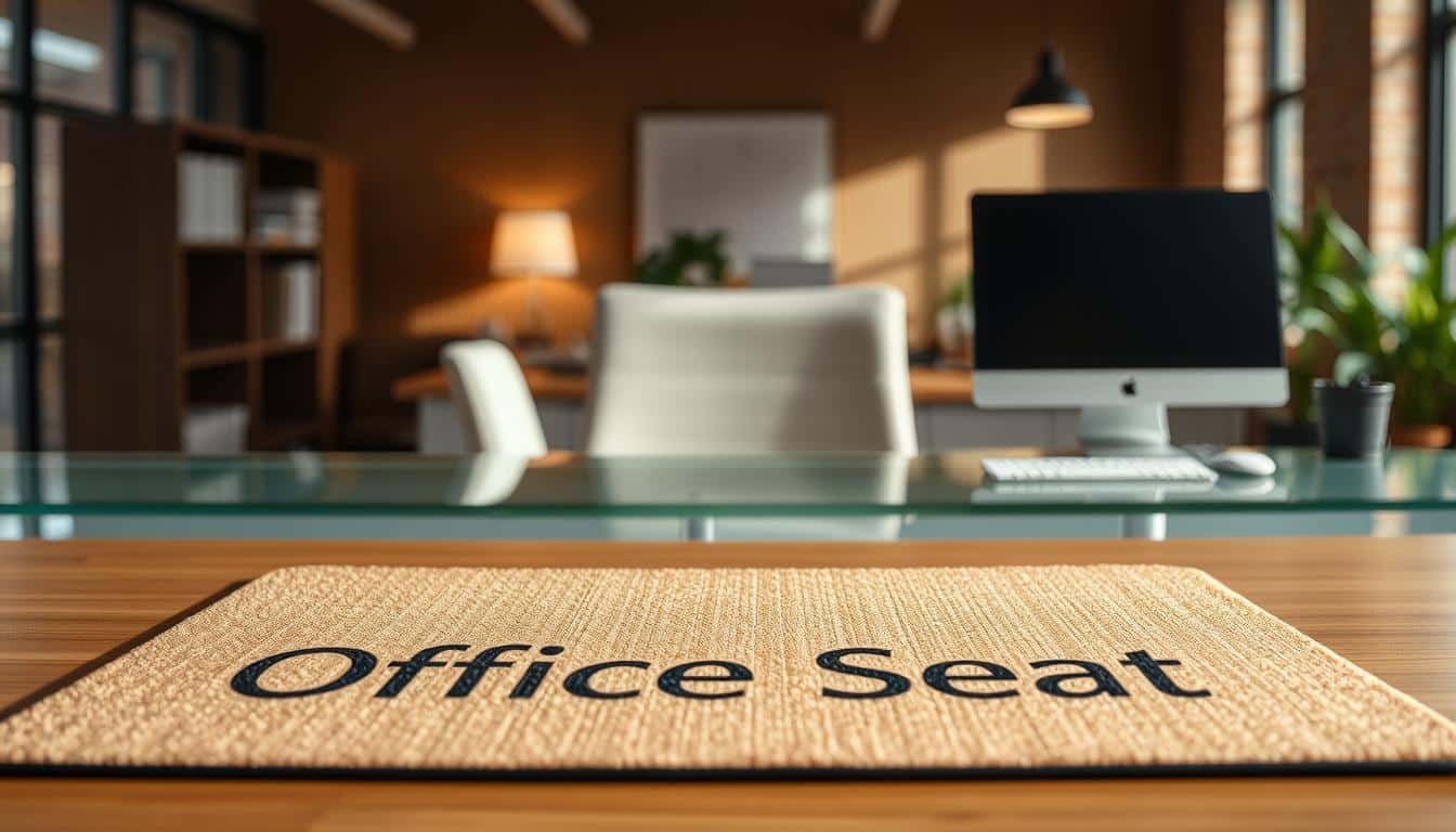 A high-quality, detailed desktop surface protection product featuring the Office Seat brand name in a subtle, legible text shadow. The foreground showcases the protective mat in a variety of natural textures and colors, capturing its durable, scratch-resistant properties. The middle ground presents the mat in use on a clean, modern desktop, highlighting its functionality and versatility. The background depicts a warm, inviting office environment with soft lighting and natural elements, conveying a sense of professionalism and sophistication. The overall composition and lighting emphasize the product's premium quality and its ability to enhance the aesthetic appeal of any workspace.
