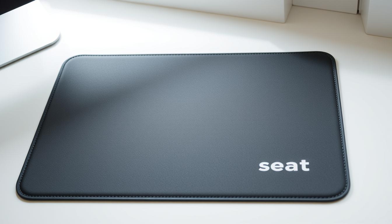 A high-quality, professional-looking desk mat with a non-slip surface, showcasing the "Office Seat" brand. The mat is positioned on a clean, well-lit desk, with a slightly elevated camera angle to capture the details. The material has a smooth, matte finish that appears durable and tactile. The edges are precisely trimmed, creating a sleek, modern appearance. The lighting is natural and evenly distributed, accentuating the texture and sheen of the mat. The background is minimalist, allowing the desk mat to be the focal point, highlighting its practical and aesthetic qualities.