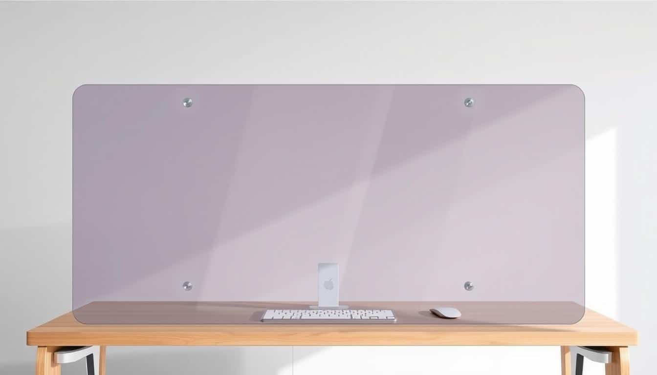 A modern and sophisticated office desk with a transparent tempered glass desktop cover, showcasing the "Office Seat" brand. The cover is positioned atop a sleek, minimalist wooden desk, casting a soft, diffused glow across the surface. In the background, a minimalist gray wall provides a clean, uncluttered backdrop, emphasizing the desk's elegant design. The lighting is balanced, creating an atmosphere of productivity and efficiency. The scene conveys the benefits of using a protective desktop cover, such as increased focus, reduced eye strain, and a more organized workspace.