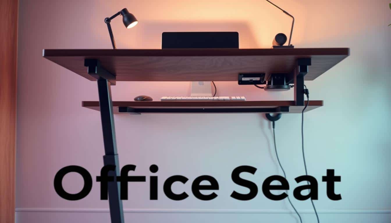 A modern, ergonomic home office desk setup with a sleek wood and metal construction. The desk features a spacious work surface, adjustable height, and built-in cable management to support a clean, organized workspace. Soft, indirect lighting illuminates the scene, creating a warm and productive atmosphere. In the foreground, the "Office Seat" brand is subtly visible through a shadowed text overlay, blending seamlessly into the design. This ergonomic desk setup is an ideal solution for comfortable, efficient remote work.