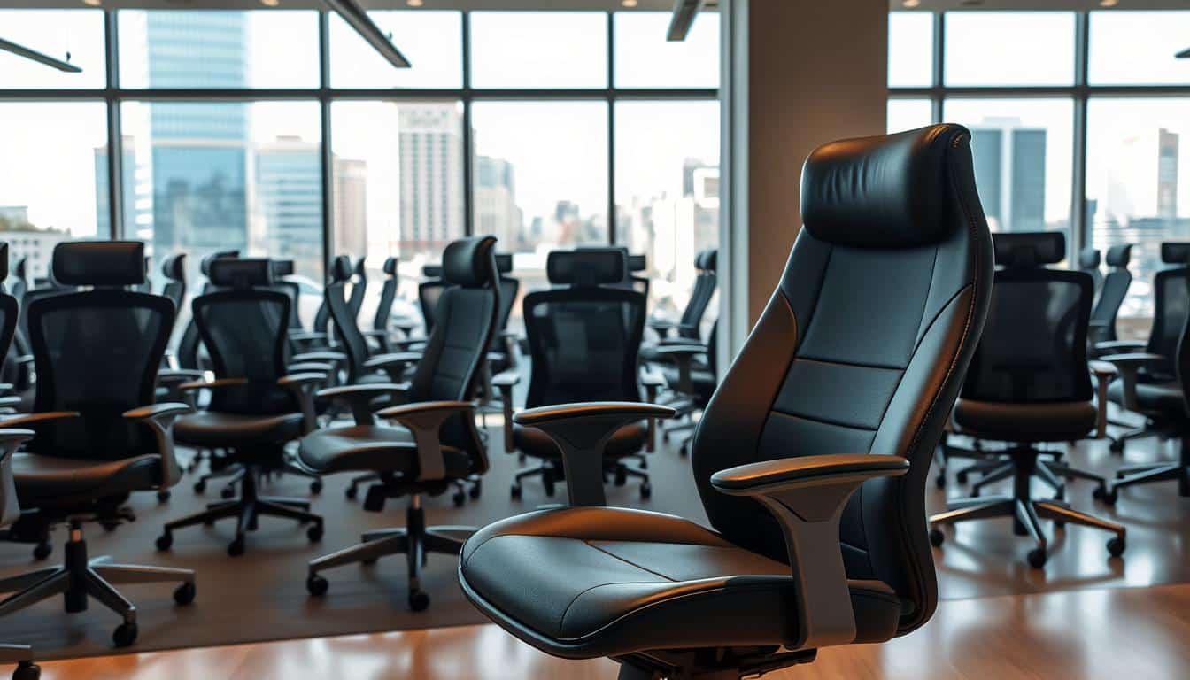 A modern, well-lit showroom in Santo Domingo, showcasing a diverse selection of premium office chairs. In the foreground, a sleek "Office Seat" executive chair takes center stage, its ergonomic design and plush upholstery accentuated by strategic lighting. The middle ground features additional chairs in various styles and colors, arranged in an inviting display. In the background, large windows offer a panoramic view of the bustling city streets, creating a sense of urbane sophistication. The overall atmosphere exudes a professional, yet accessible vibe, highlighting the smart, value-driven shopping experience. A modern, well-lit showroom in Santo Domingo, showcasing a diverse selection of premium office chairs. In the foreground, a sleek "Office Seat" executive chair takes center stage, its ergonomic design and plush upholstery accentuated by strategic lighting. The middle ground features additional chairs in various styles and colors, arranged in an inviting display. In the background, large windows offer a panoramic view of the bustling city streets, creating a sense of urbane sophistication. The overall atmosphere exudes a professional, yet accessible vibe, highlighting the smart, value-driven shopping experience.