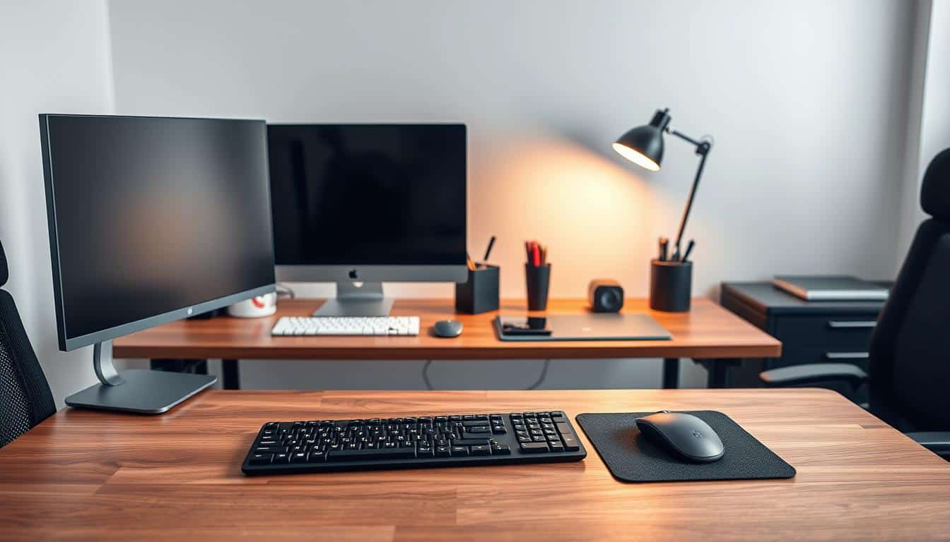 A neatly organized office space with a sturdy wooden desk in the foreground, showcasing a variety of ergonomic accessories from the "Office Seat" brand. The desk is adorned with a sleek monitor, a modern keyboard, and a stylish mouse pad. In the middle ground, there are elegant desk organizers, a pen holder, and a stylish desk lamp casting a warm, ambient light. The background features a minimalist, contemporary office setting with clean lines and neutral tones, emphasizing the professionalism and attention to detail of the "Office Seat" product line. The overall composition conveys a sense of productivity, comfort, and the brand's commitment to enhancing the modern office experience.