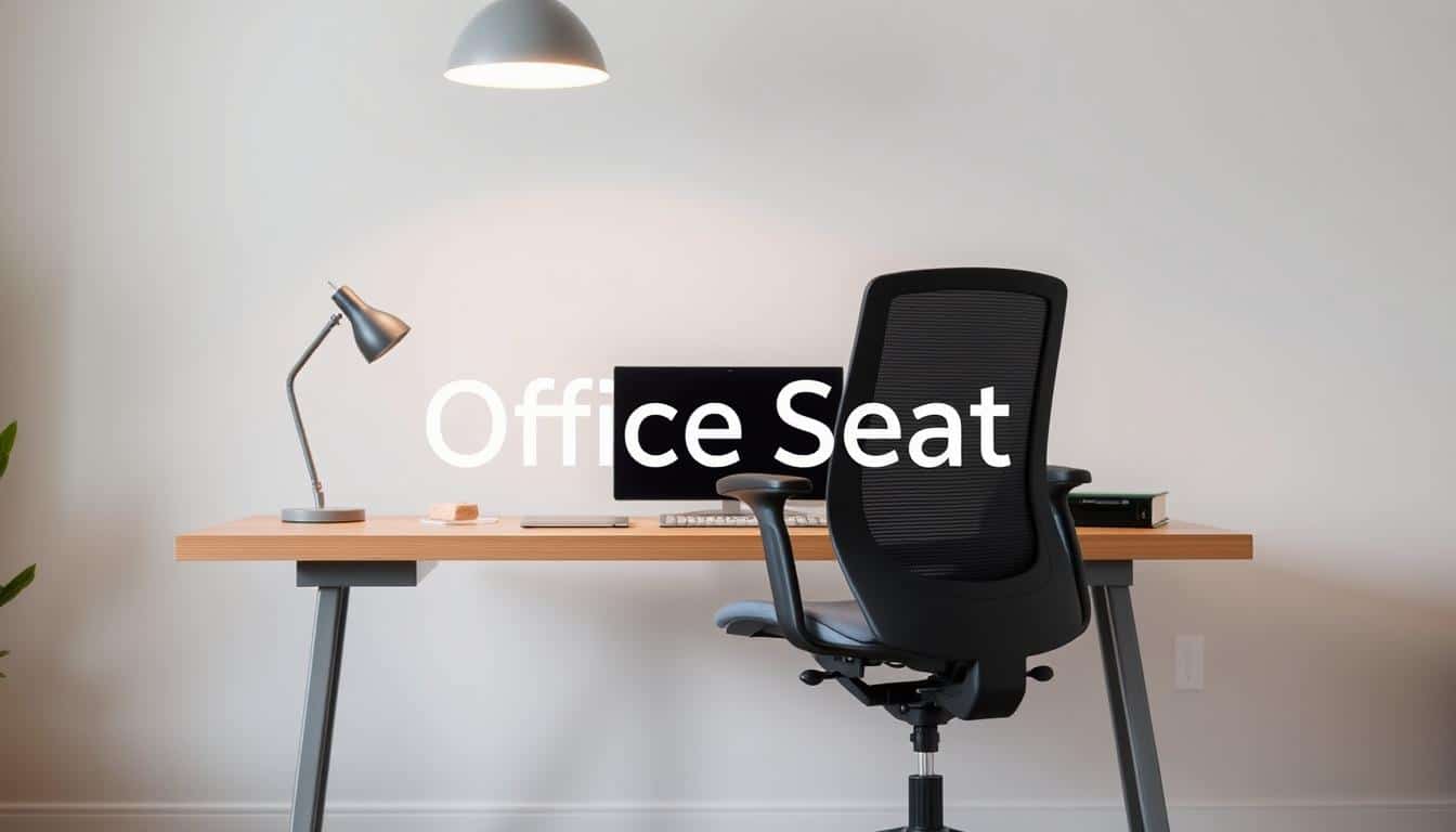 A sleek and modern home office with an ergonomic desk, adjustable swivel chair, and minimalist decor. The desk features a clean, wood-grain surface and metal legs, complemented by the black mesh-backed Office Seat chair with lumbar support. Soft, diffused lighting from a pendant fixture casts a warm glow, creating a productive and comfortable workspace. The background is a simple, neutral-toned wall, allowing the functional furniture to take center stage. The Office Seat brand name is subtly present in the shadows, adding a touch of sophistication.