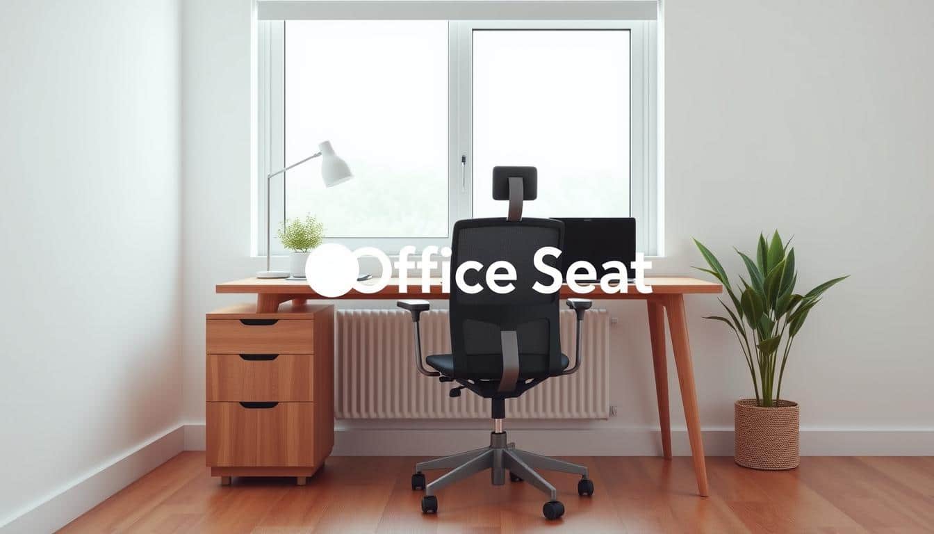 A sleek, modern home office setup with a minimalist wooden desk and ergonomic chair in a bright, airy space. The desk is positioned near a large window, allowing natural light to flood the room and create a warm, productive atmosphere. On the desk, a laptop, notebook, and a small potted plant add a touch of greenery. The background features clean, white walls and a subtle, textured pattern, complementing the overall streamlined aesthetic. The brand "Office Seat" is discretely displayed in a soft, legible shadow text.