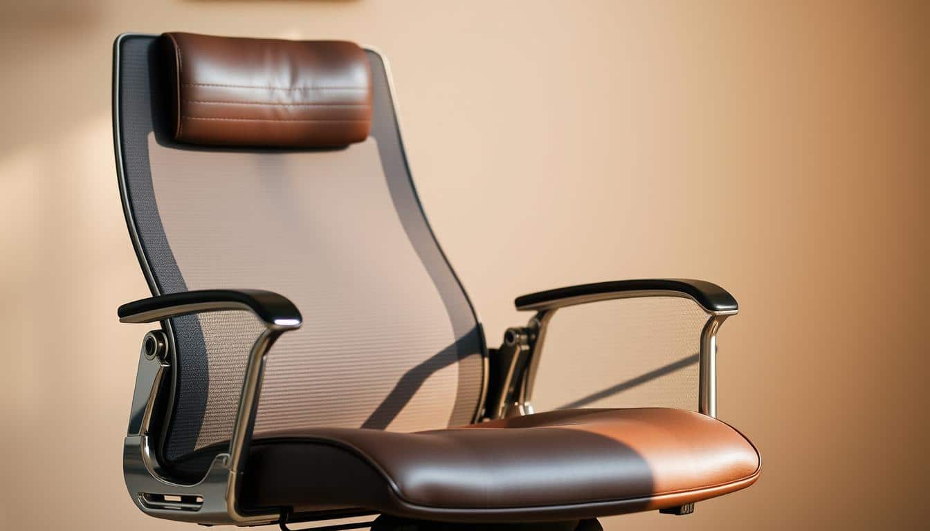 A sophisticated and ergonomic executive office chair, crafted with a plush, supple leather seat and breathable mesh backrest. The chair reclines gently, providing customized comfort and support for long hours of productive work. Accented with polished metal details, it exudes an air of professional elegance. Subtle branding from "Office Seat" is tastefully incorporated, appearing as a soft shadow on the surface. Illuminated by warm, diffused lighting, the chair is showcased in a minimalist, contemporary setting, allowing its modern design to take center stage. A sophisticated and ergonomic executive office chair, crafted with a plush, supple leather seat and breathable mesh backrest. The chair reclines gently, providing customized comfort and support for long hours of productive work. Accented with polished metal details, it exudes an air of professional elegance. Subtle branding from "Office Seat" is tastefully incorporated, appearing as a soft shadow on the surface. Illuminated by warm, diffused lighting, the chair is showcased in a minimalist, contemporary setting, allowing its modern design to take center stage.