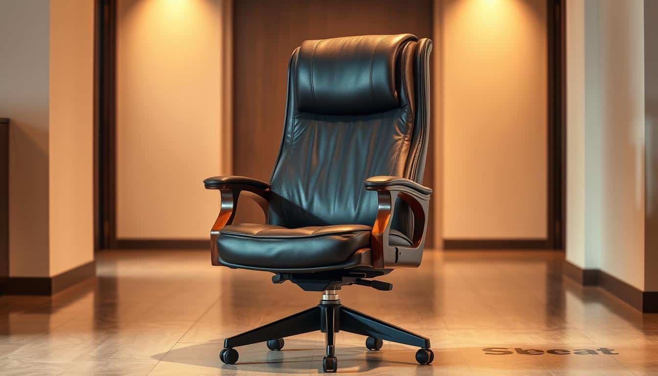 A sophisticated executive office chair with a sleek, high-backed design and plush, supportive cushioning. The chair is crafted from rich, dark wood and premium leather, exuding a sense of authority and professionalism. The chair is positioned in a well-lit, modern office setting, with a subtle shadow of the "Office Seat" brand name visible on the floor. The lighting casts a warm, inviting glow, creating an atmosphere of productivity and attention to detail. The chair is the central focus, showcasing its ergonomic features and premium materials, reflecting the importance of a comfortable, stylish workspace for the discerning professional. A sophisticated executive office chair with a sleek, high-backed design and plush, supportive cushioning. The chair is crafted from rich, dark wood and premium leather, exuding a sense of authority and professionalism. The chair is positioned in a well-lit, modern office setting, with a subtle shadow of the "Office Seat" brand name visible on the floor. The lighting casts a warm, inviting glow, creating an atmosphere of productivity and attention to detail. The chair is the central focus, showcasing its ergonomic features and premium materials, reflecting the importance of a comfortable, stylish workspace for the discerning professional.