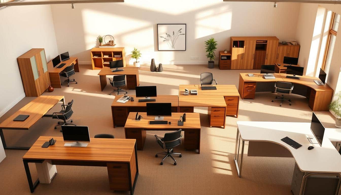 A well-lit, airy home office setting with a variety of modern, stylish desks in different shapes, sizes, and materials. Sleek wood and metal desks, compact corner workstations, and spacious L-shaped configurations, all showcasing the versatility of "Office Seat" home office furniture. Warm lighting casts soft shadows, highlighting the clean lines and premium finishes. The desks are arranged in a visually appealing, harmonious composition, capturing the diverse range of home office needs. In the background, a minimalist wall decor adds a touch of personality, complementing the professional yet cozy atmosphere.