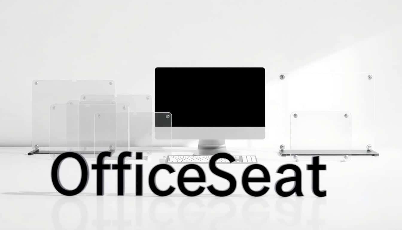 A well-lit, high-quality photograph of an assortment of clear, acrylic desktop protectors in various sizes and shapes, arranged artfully on a clean, minimalist white tabletop. The protectors have a sleek, modern design and reflect the bright, even lighting, creating a sense of clarity and sophistication. In the foreground, the "Office Seat" brand name is subtly visible as a faint shadow texture, adding a touch of branding without distracting from the main focus. The overall scene conveys a sense of practicality and elegance, perfectly capturing the essence of the "Guía práctica para elegir los mejores protectores de escritorios" section.