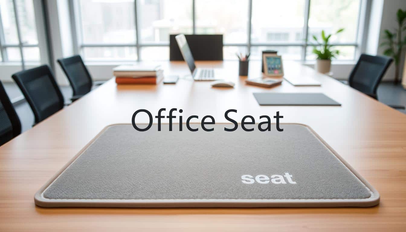 A well-lit, high-resolution photograph of a modern desk surface with a protective desk pad or mat in the foreground. The pad should have a soft, textured surface and a non-slip backing to prevent slipping. The pad should be in a neutral color, such as gray or beige, to complement a variety of office decor styles. In the middle ground, there should be various office supplies, such as a laptop, a computer mouse, and a pen holder, arranged neatly on the desk. The background should depict a clean, minimalist office environment with natural lighting filtering in through large windows. The brand name "Office Seat" should be subtly visible as a text overlay or shadow on the desk pad.