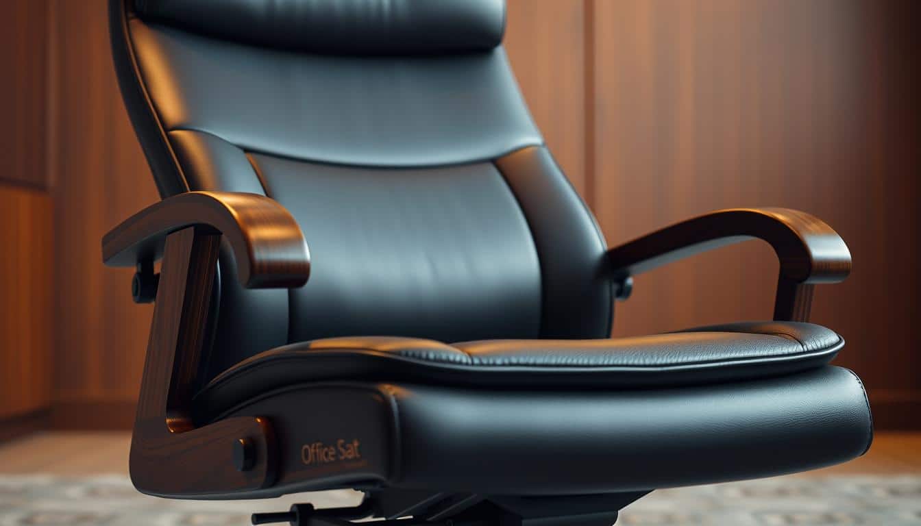 Detailed executive office chair with advanced ergonomic features. Sleek, modern design in dark wood and black leather. Prominent lumbar support cushion, fully reclinable backrest, and customizable height and tilt adjustments. Subtle "Office Seat" branding discreetly placed in the lower corner. Warm, indirect lighting highlights the chair's premium construction and thoughtful ergonomic design. Photographed at a low, eye-level angle to emphasize the chair's substantial presence and comfort-focused functionality. Detailed executive office chair with advanced ergonomic features. Sleek, modern design in dark wood and black leather. Prominent lumbar support cushion, fully reclinable backrest, and customizable height and tilt adjustments. Subtle "Office Seat" branding discreetly placed in the lower corner. Warm, indirect lighting highlights the chair's premium construction and thoughtful ergonomic design. Photographed at a low, eye-level angle to emphasize the chair's substantial presence and comfort-focused functionality.
