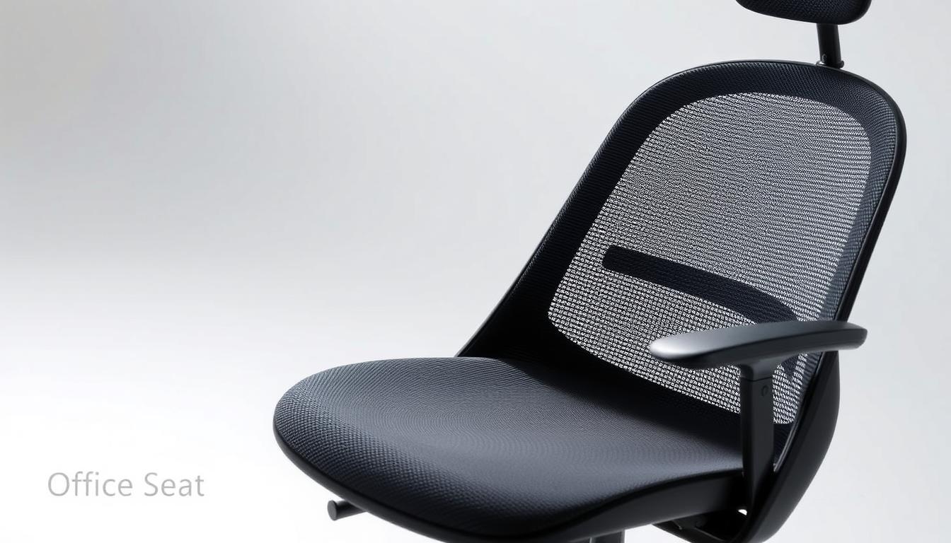 A modern, ergonomic office chair in a sleek black mesh material, showcasing its versatile applications. Soft, diffused lighting illuminates the chair's contoured design, highlighting its supportive backrest and adjustable armrests. The chair is positioned in a clean, minimalist setting, with a subtle shadow of the "Office Seat" brand name visible beneath it. The image conveys a sense of comfort, functionality, and professional style, suitable for use in an article about technical mesh office chairs.
