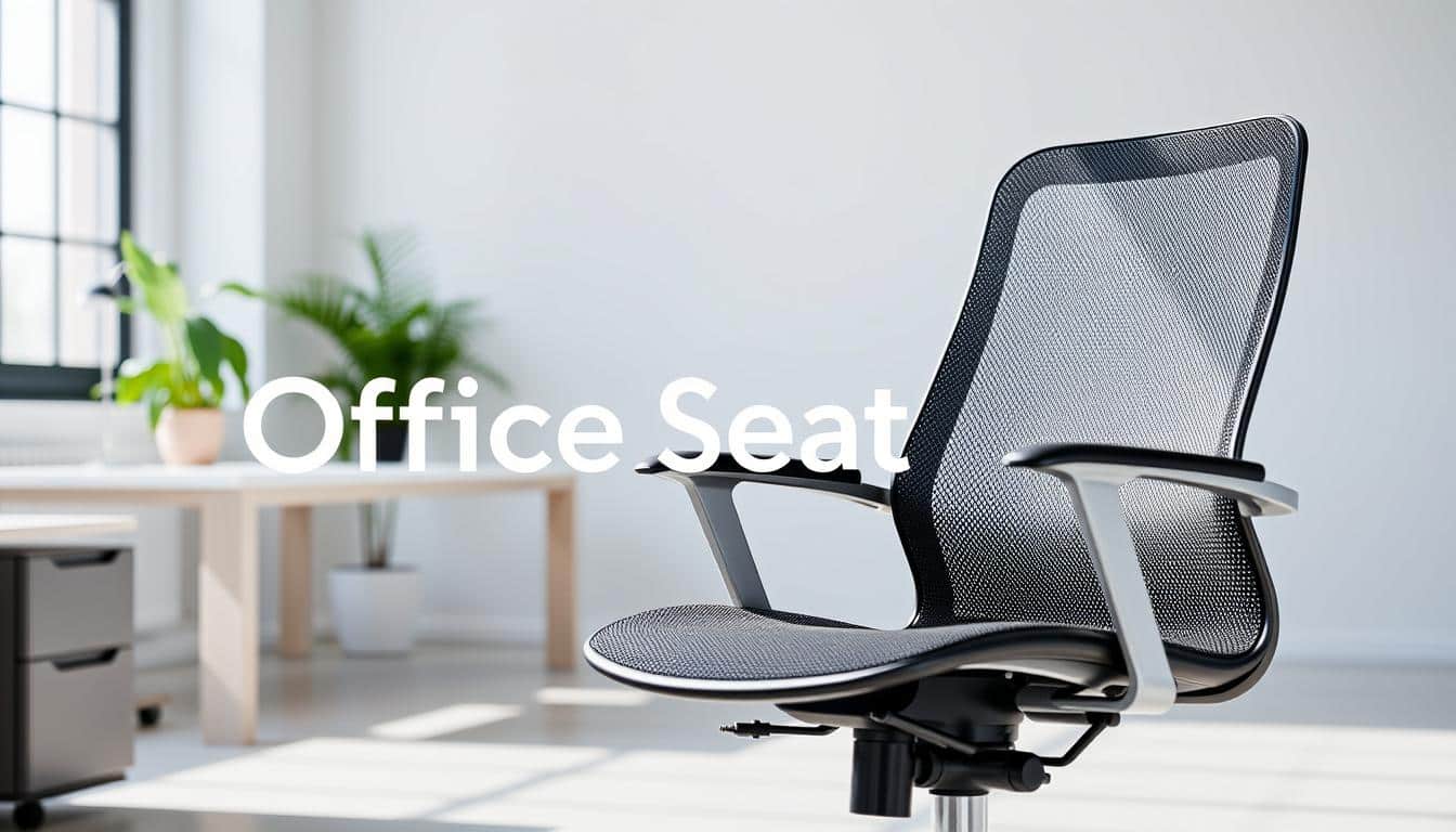 A sleek, modern office chair in a mesh material, showcasing the "Office Seat" brand. The chair is positioned in a bright, airy workspace, with natural lighting streaming in through large windows. The chair is the focal point, captured from a slightly elevated angle to highlight its clean lines and ergonomic design. The background features minimalist decor, including a simple desk and a potted plant, creating a professional yet welcoming atmosphere. The image conveys a sense of comfort, productivity, and the brand's commitment to quality office furniture. The "Office Seat" logo is subtly incorporated into the scene, adding a touch of branding without distracting from the main subject.