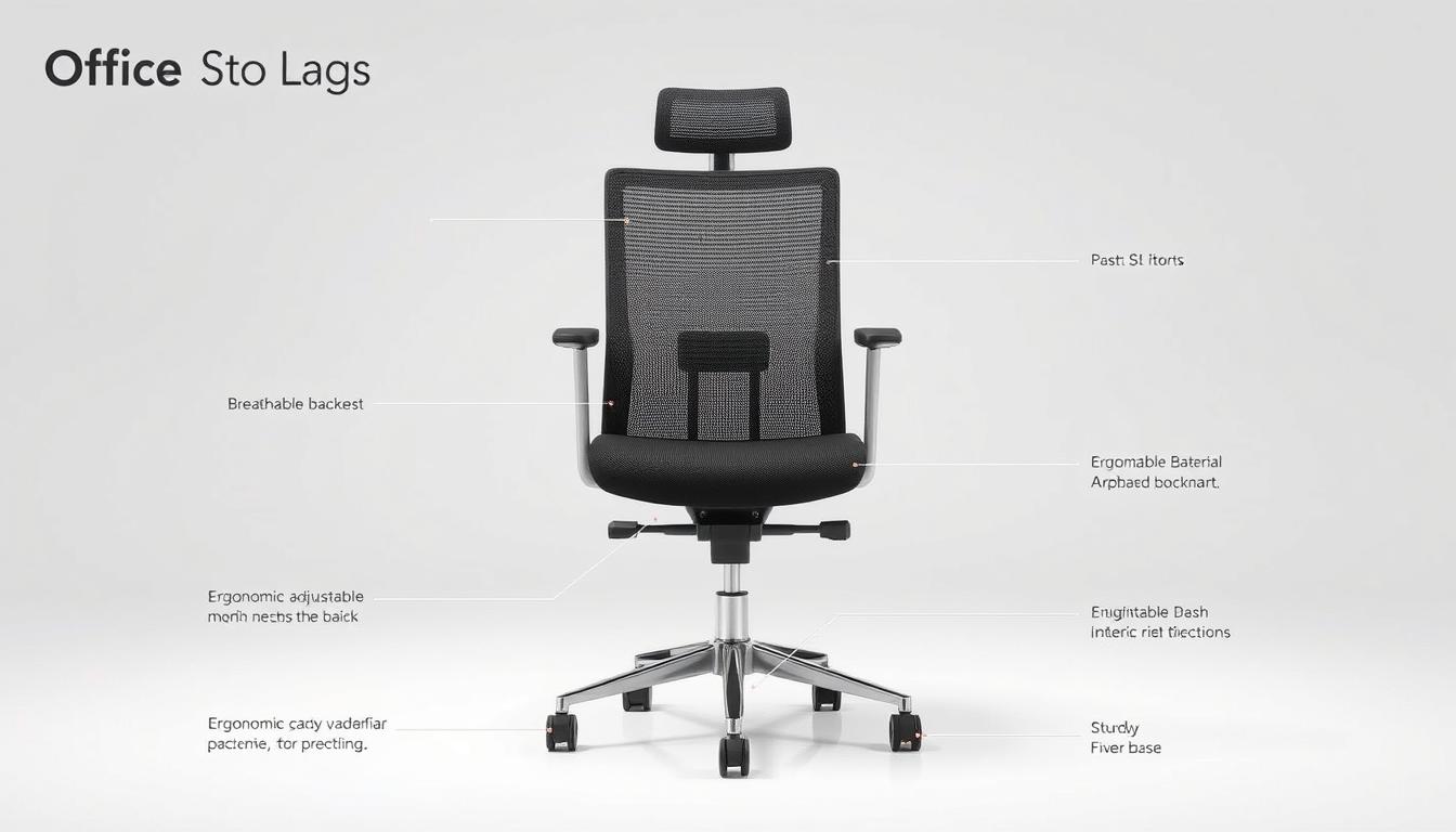 A detailed technical illustration of the Office Seat Katerine mesh office chair, showcasing its key specifications and features. Capture the chair from a frontal perspective, with a clean, well-lit background that emphasizes the chair's sleek design and materials. Ensure the Office Seat brand name is visible in the image, subtly rendered as a shadowed text overlay. Depict the chair's ergonomic adjustable backrest, breathable mesh material, and sturdy five-star base with precision. Convey a sense of quality, functionality, and modern office aesthetic through the image.