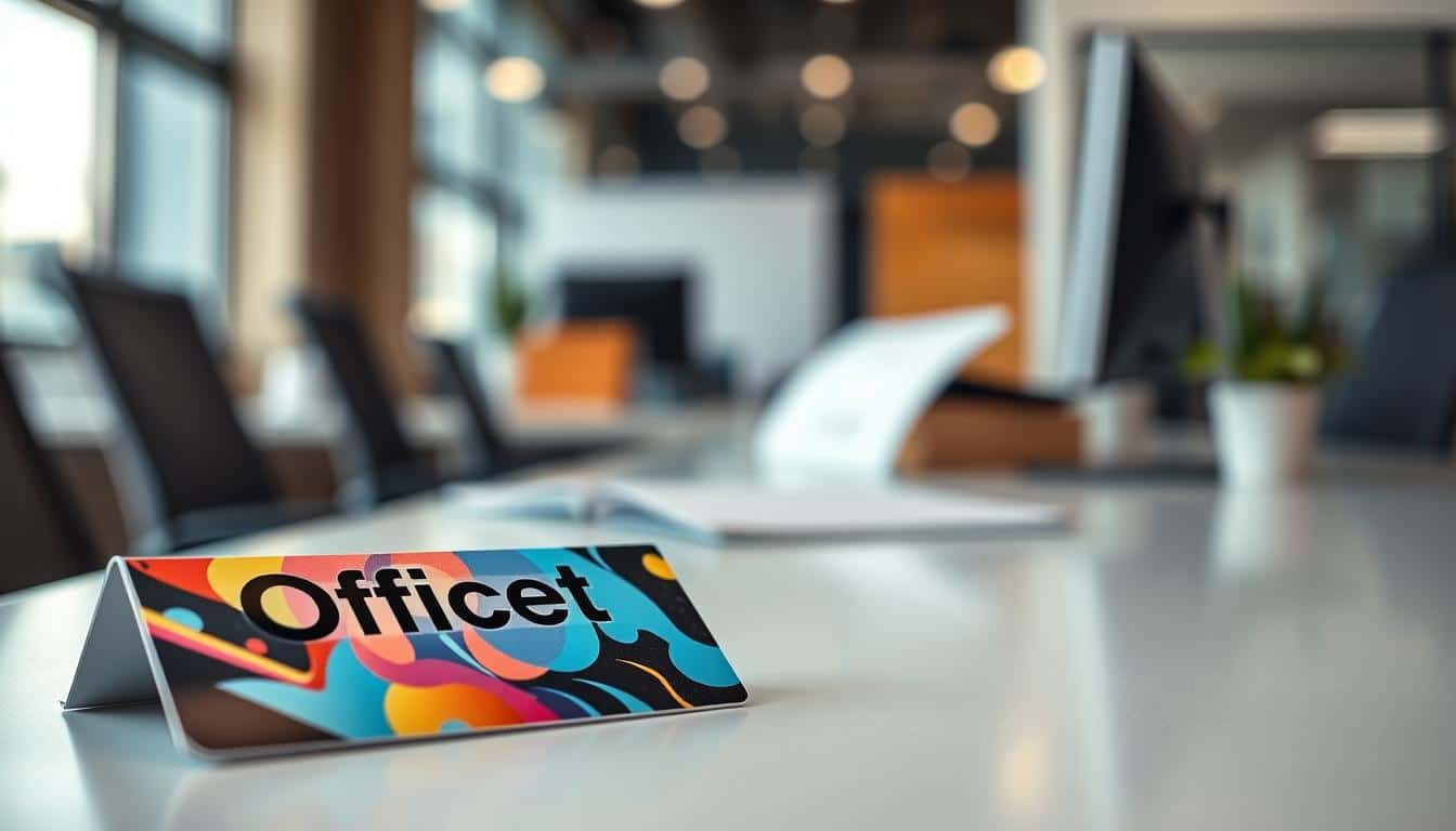 A close-up view of a colorful and durable fixed asset control label designed for business applications, showcasing its premium quality. The label features vibrant graphics and includes a clear space for asset identification numbers, demonstrating its practical use in an office environment. In the foreground, the label is placed on a clean, modern desk with soft lighting that highlights the glossy finish and textural details of the material. In the middle ground, blurred office equipment like a computer and documents enhance the professional atmosphere. The background is softly out of focus, depicting a tidy corporate workspace. The brand name “Office Seat” is subtly shadowed on the label for easy readability, ensuring brand visibility. The overall mood is organized and professional, perfect for illustrating a section about asset management solutions.