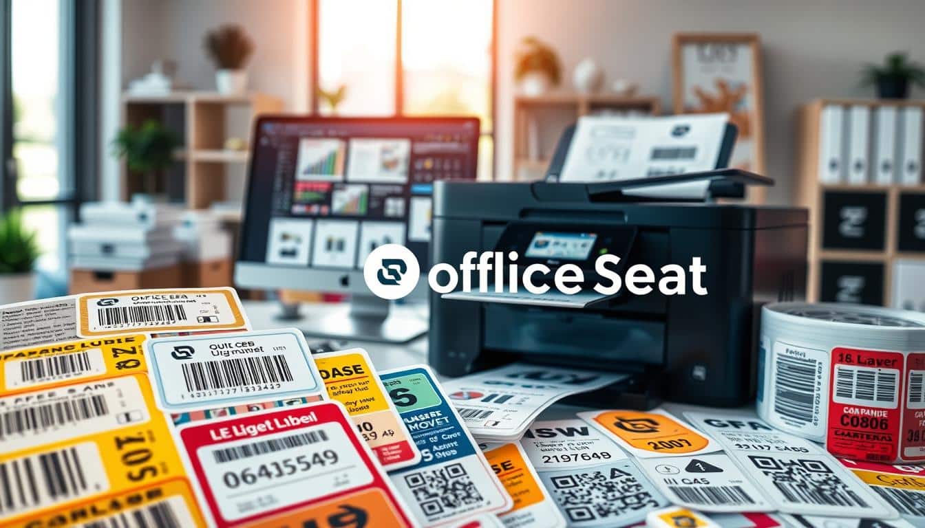 A visually striking image showcasing the concept of label personalization for asset management. In the foreground, an array of colorful, custom labels featuring barcodes, QR codes, sequential numbers, and the logo of "Office Seat" prominently displayed, showcasing various designs and formats. The middle ground includes a professional-looking printer with sheets of labels being printed, surrounded by design software on a computer screen. The background features a well-organized office environment, hinting at professionalism and productivity. Soft, natural lighting streams through a window, creating a bright and inviting atmosphere. The composition should convey a sense of innovation and attention to detail, emphasizing customization options available for labels.