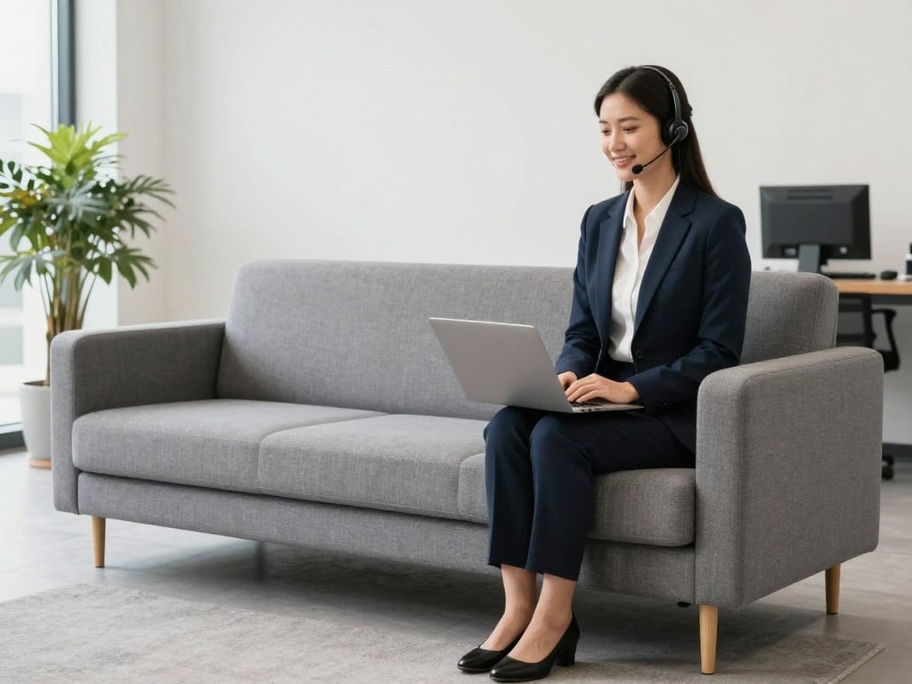 Asesor atendiendo consultas sobre el sofá de espera para 3 personas