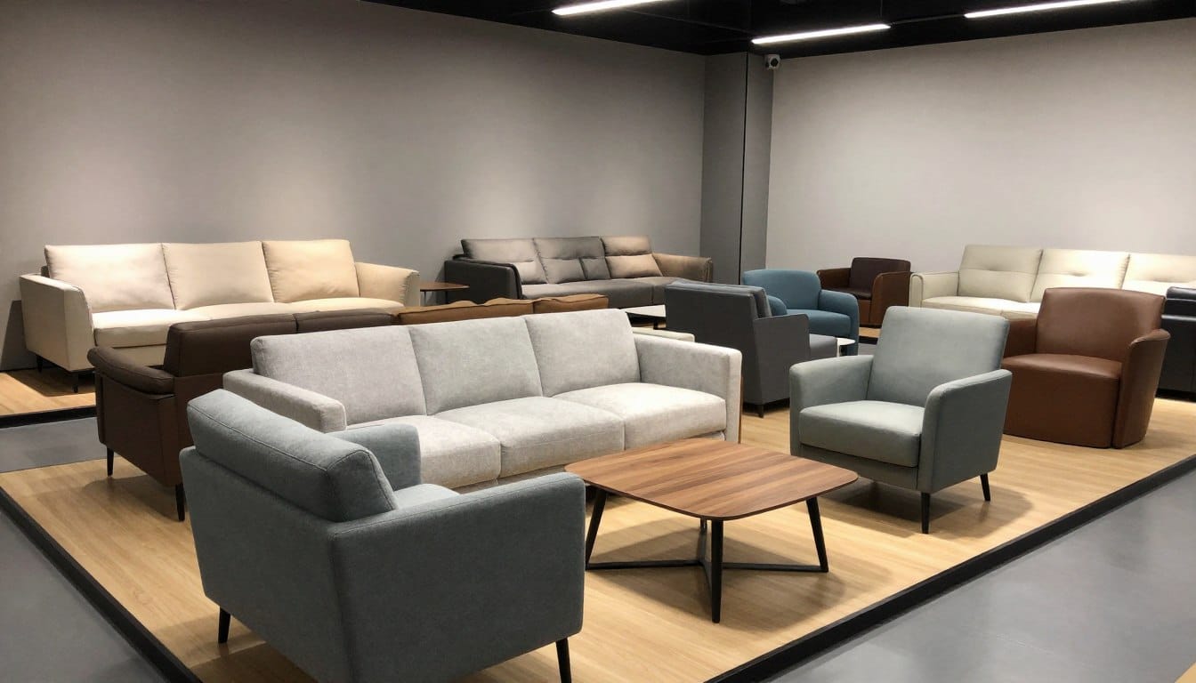 Diferentes modelos de butaca o sofá de visita para 1 persona en un showroom
