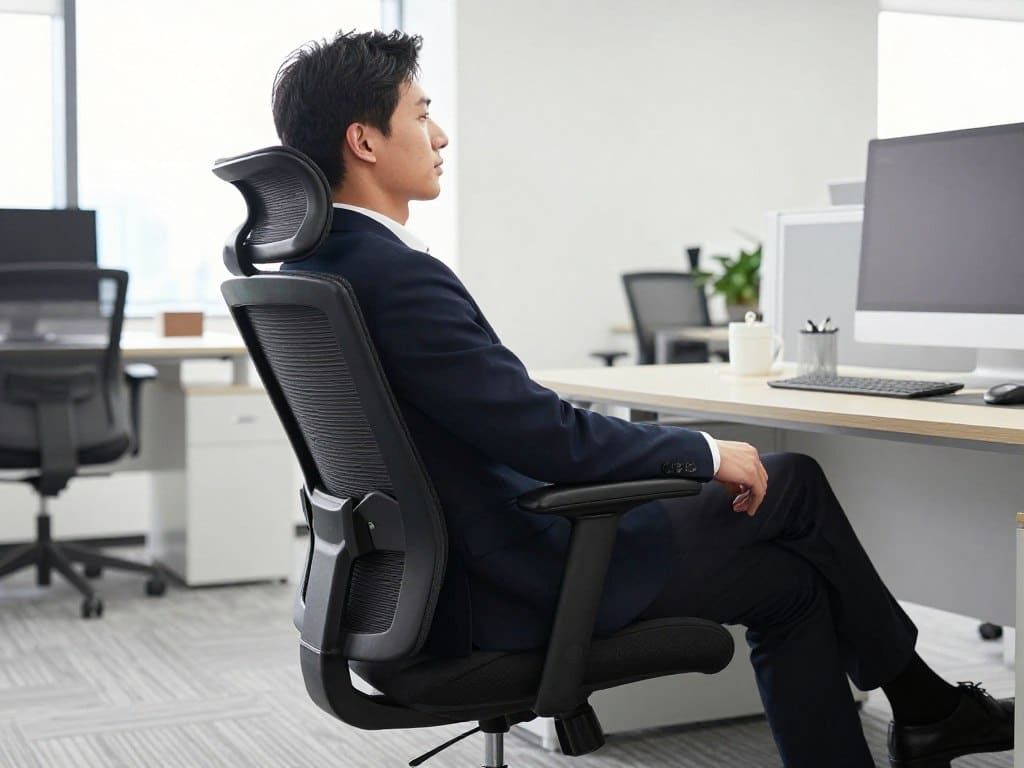 Ejecutivo utilizando el Sillón Gerencial 23B en una oficina moderna, demostrando su soporte lumbar