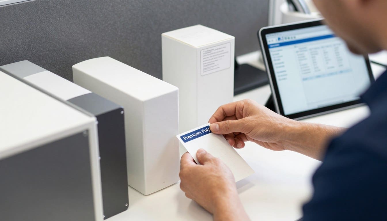 Equipo profesional instalando Labels plásticos para activos fijos Premium Poly con Laminate