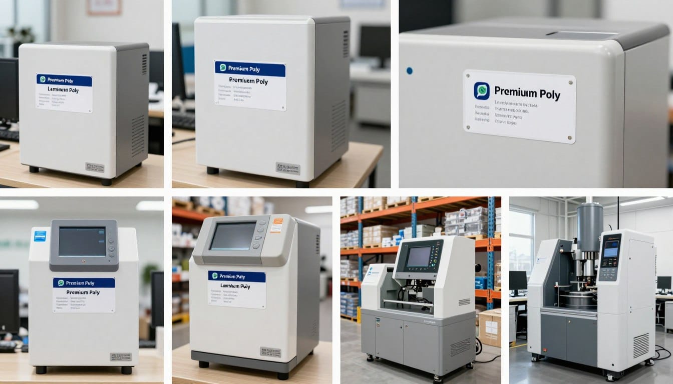 Labels plásticos para activos fijos Premium Poly con Laminate aplicadas en diversos entornos