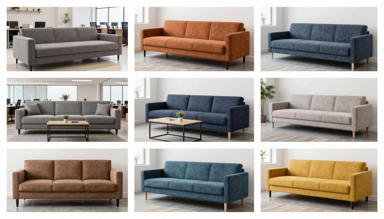 Múltiples configuraciones del sofá de espera para 3 personas en diferentes entornos