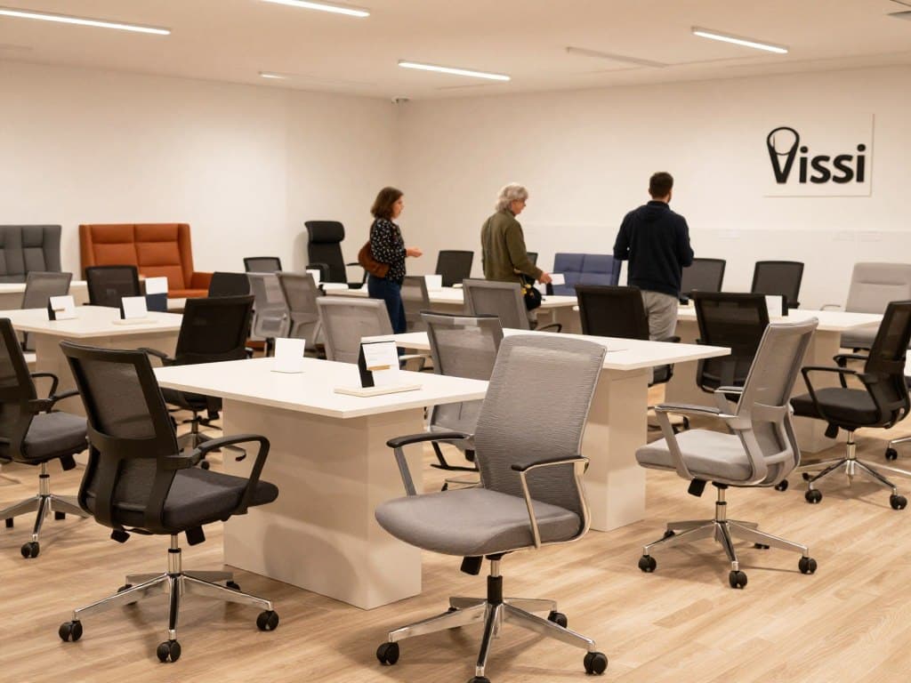 Showroom con exhibición de sillas de visita Vissi en tela