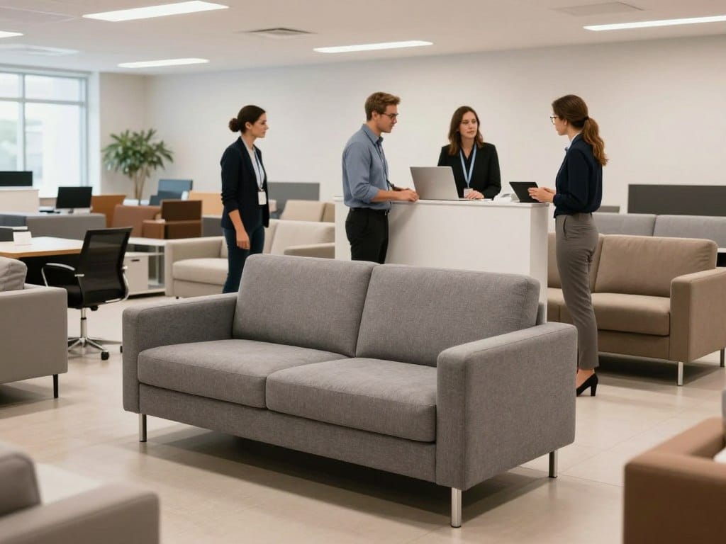 Showroom con exposición de butacas y sofás de visita para oficinas