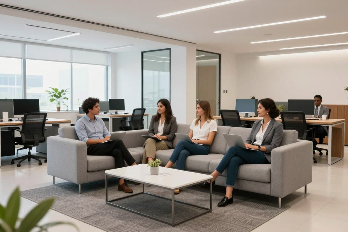 Sofá de espera para 3 personas en entorno de oficina con personas sentadas cómodamente