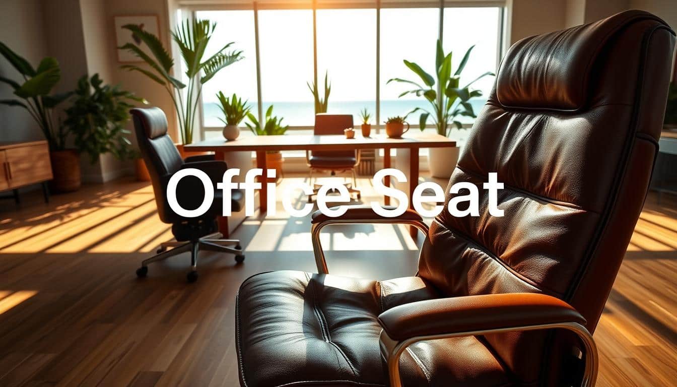 A beautifully arranged office space featuring leather upholstery. In the foreground, a stylish leather office chair displays rich texture and subtle sheen, positioned at a sleek wooden desk with a soft, inviting surface. In the middle, a modern office environment showcases a thoughtful arrangement of decorative plants and minimalistic decor, emphasizing a professional yet relaxed atmosphere. In the background, large windows allow natural Caribbean light to flood the space, creating warm, inviting shadows across the floor. The scene captures a serene mood, suggesting comfort and professionalism. The brand name "Office Seat" subtly cast in the shadows, enhancing the overall aesthetic. Ideal for an article focusing on leather and synthetic upholstery maintenance in tropical climates, showcasing durability and elegance.