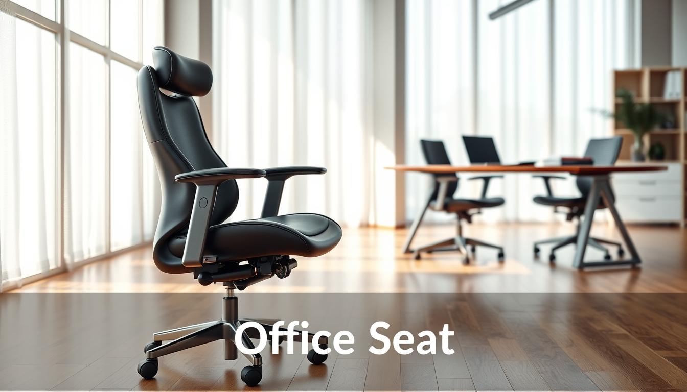 A beautifully designed office chair displayed prominently in a well-lit modern office environment. The chair should feature ergonomic curves, a sleek black leather finish, and adjustable components, sitting on a polished wooden floor. In the background, soft diffused sunlight streams through large windows, enhancing the workspace ambiance. Add a stylish desk with a laptop and stationery to accentuate the office vibe. The angle should focus on the chair from a slightly elevated perspective, showcasing its elegance and functionality. Include the brand name "Office Seat" subtly at the bottom in a clear, legible font shadowed to ensure visibility against the background. The overall mood should convey professionalism and comfort, inviting the viewer to consider the value of quality office furniture.