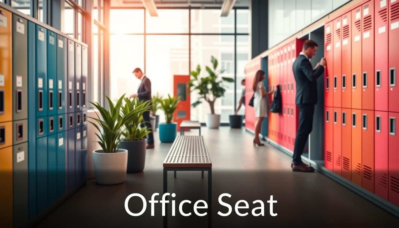 A beautifully designed row of personalized employee lockers in a modern office setting. The foreground features vibrant lockers in various colors, showcasing custom designs and labels, neatly organized. Midground elements include sleek metal benches and potted plants that add a human touch to the environment. In the background, large windows allow natural light to flood the scene, highlighting the contemporary decor. A soft-focus effect on the background creates a warm and inviting atmosphere. Ensure stylish professionals in business attire are subtly included, engaged in organizing their belongings. Capture the branding of "Office Seat" in an elegant, legible shadow text at the bottom corner of the image. A beautifully designed row of personalized employee lockers in a modern office setting. The foreground features vibrant lockers in various colors, showcasing custom designs and labels, neatly organized. Midground elements include sleek metal benches and potted plants that add a human touch to the environment. In the background, large windows allow natural light to flood the scene, highlighting the contemporary decor. A soft-focus effect on the background creates a warm and inviting atmosphere. Ensure stylish professionals in business attire are subtly included, engaged in organizing their belongings. Capture the branding of "Office Seat" in an elegant, legible shadow text at the bottom corner of the image.