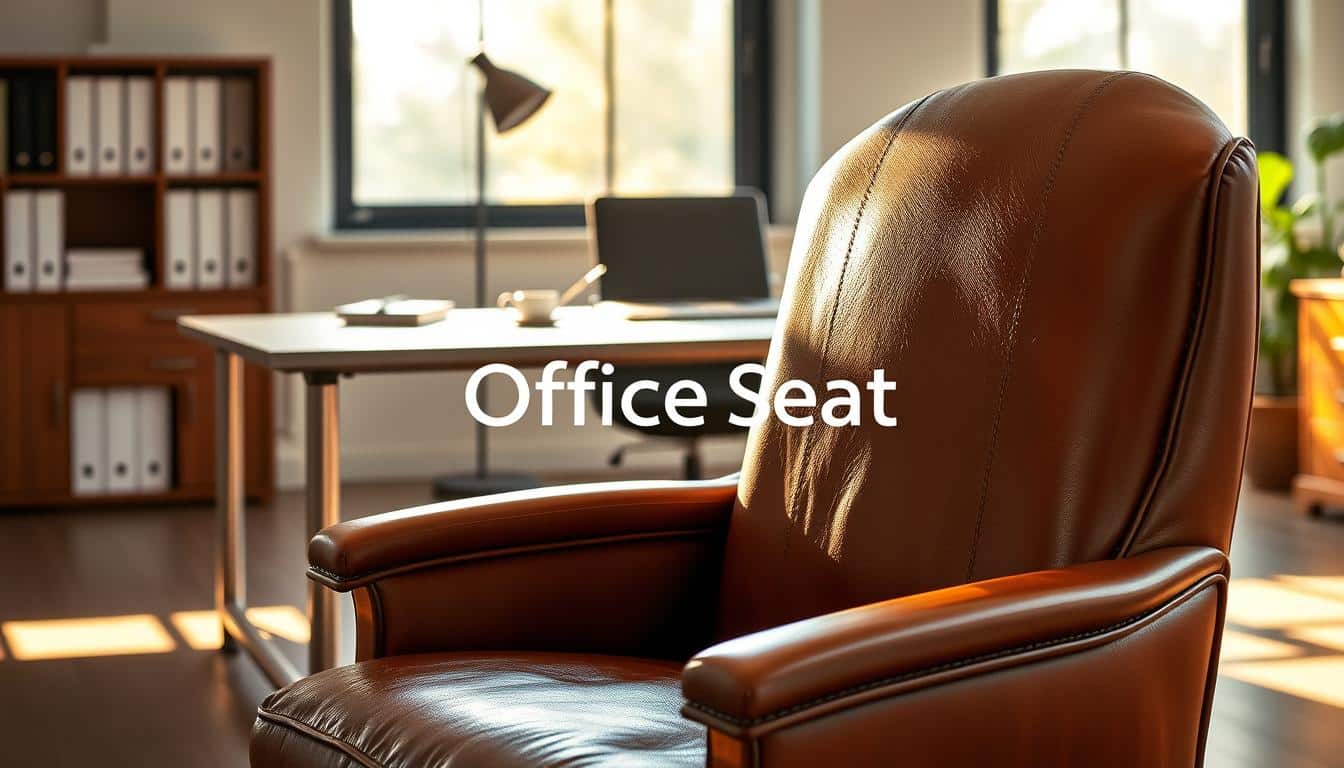 A bright and inviting office space showcasing the transformation of office furniture through restoration. In the foreground, a beautifully restored leather chair with polished wood accents shines under soft, natural lighting, exuding warmth and elegance. The middle ground features a sleek, revitalized metal desk with a clean, organized workspace, highlighting the sharp contrast between old and new. Behind the desk, a large window allows sunlight to stream in, enhancing the refreshing atmosphere. The overall mood is one of professionalism and rejuvenation, illustrating how immaculate furniture can uplift the office environment. Include the brand name "Office Seat" subtly in the shadows of the image, ensuring it's legible yet unobtrusive.