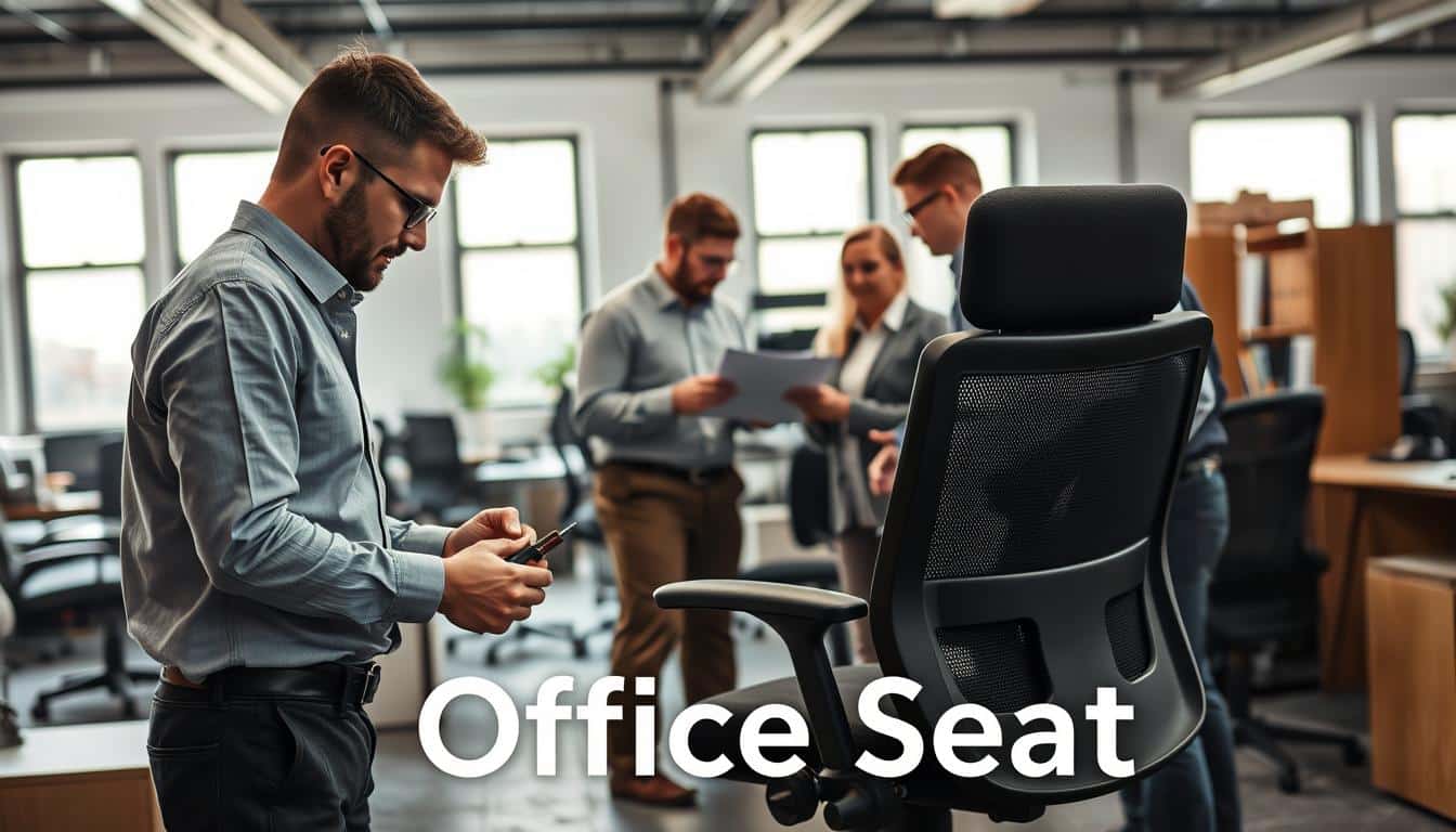 A busy office environment showcasing a team of professional technicians diagnosing and repairing office furniture. In the foreground, a technician in smart casual attire carefully examines a damaged office chair, tools at hand. The middle ground features additional technicians collaborating, discussing a clear budget plan while surrounded by various types of office furniture. In the background, bright, natural light spills through windows, illuminating the workspace and creating an inviting atmosphere. The overall mood is focused and efficient, conveying a sense of teamwork and quality control. Subtly incorporate the brand name "Office Seat" in the form of a shadow in the lower corner of the image.