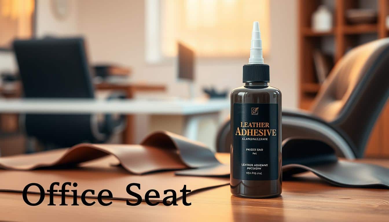 A clean, professional workspace featuring a bottle of leather adhesive prominently placed on a wooden desk. The foreground showcases the bottle with a sleek, modern design, labeled “Leather Adhesive” in an elegant font, ensuring it looks both appealing and functional. In the middle ground, there are pieces of flexible leather, along with some office furniture like a chair and a desk, subtly hinting at the repair activity. The background is softly blurred to keep the focus on the adhesive while hinting at an office environment with warm, natural lighting filtering in. The overall mood is one of productivity and care, emphasizing the importance of quality adhesives in leather repair. Include a subtle shadow of the text "Office Seat" in the bottom corner, ensuring it is legible yet unobtrusive.