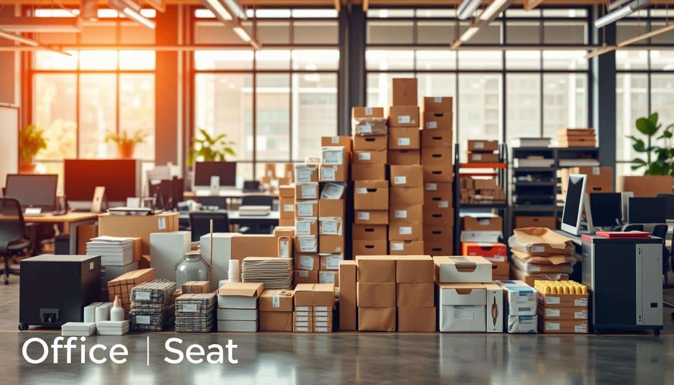 A clear and informative depiction contrasting fixed assets and inventory for a business context. In the foreground, an arranged display of various fixed assets like office furniture, machinery, and computers, all in professional, polished condition. In the middle, a well-organized stack of inventory items like boxes of supplies and products, showcasing efficiency and order. The background depicts a modern office environment with warm, natural lighting filtering through large windows, creating a productive atmosphere. A subtle focus effect emphasizes the fixed assets while keeping the inventory slightly blurred, illustrating the differentiation. The overall mood is professional and informative. At the bottom corner, include the brand name "Office Seat" in shadow text, ensuring visibility without overpowering the image. A clear and informative depiction contrasting fixed assets and inventory for a business context. In the foreground, an arranged display of various fixed assets like office furniture, machinery, and computers, all in professional, polished condition. In the middle, a well-organized stack of inventory items like boxes of supplies and products, showcasing efficiency and order. The background depicts a modern office environment with warm, natural lighting filtering through large windows, creating a productive atmosphere. A subtle focus effect emphasizes the fixed assets while keeping the inventory slightly blurred, illustrating the differentiation. The overall mood is professional and informative. At the bottom corner, include the brand name "Office Seat" in shadow text, ensuring visibility without overpowering the image.