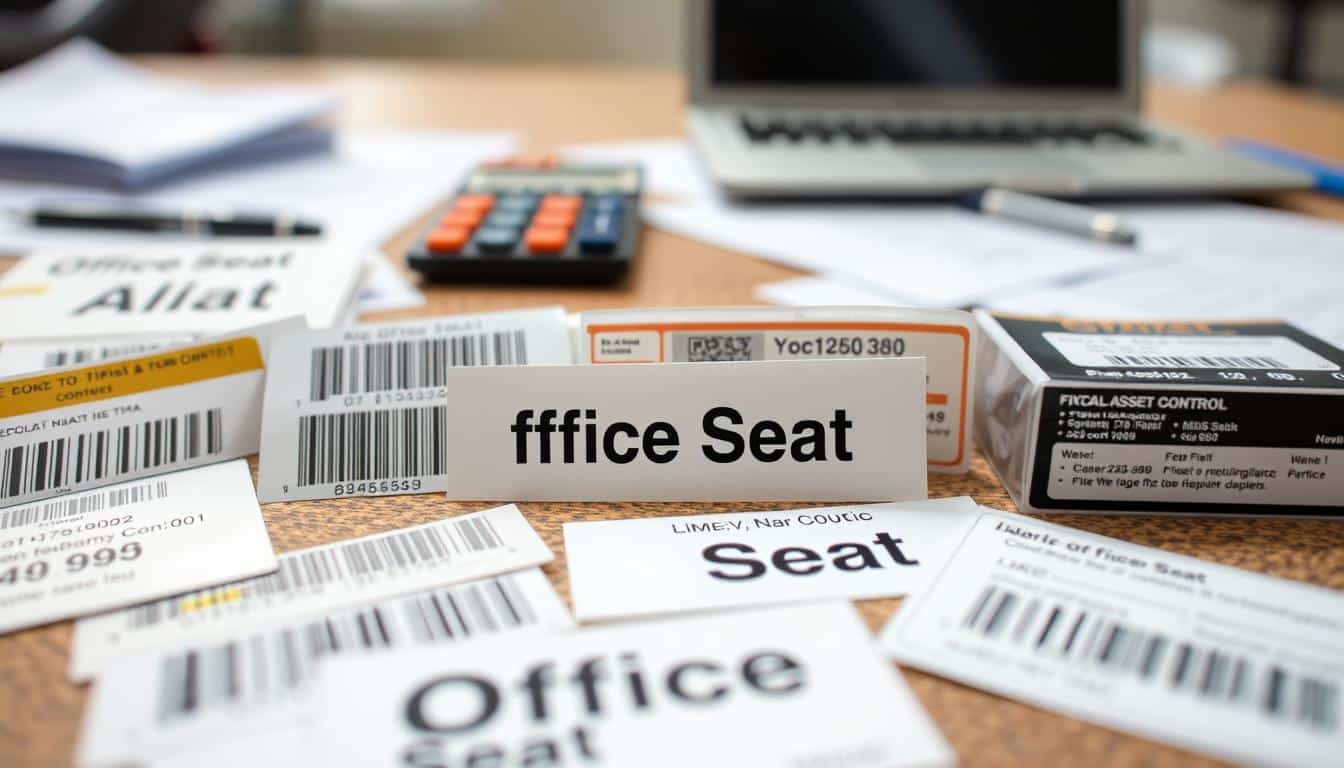 A close-up image of a collection of labels for fixed asset control, showcasing various designs and information. In the foreground, display an assortment of labels with barcodes, inventory numbers, and company logos prominently featured, including the brand name "Office Seat." The middle layer should include a textured surface, perhaps a wooden table or office desk, giving context and depth. In the background, soft-focus office items like a calculator, a laptop, and some paperwork can be seen, suggesting a professional environment. The lighting should be bright and inviting, illuminating the labels to highlight their details while casting gentle shadows. The overall mood is organized and efficient, reflecting a workplace dedicated to asset management and control.